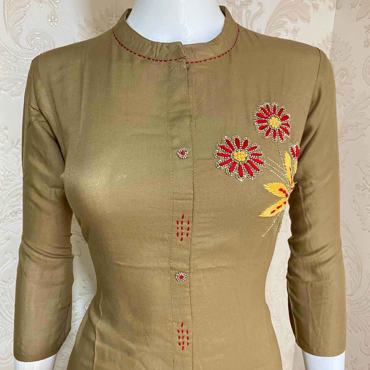 Handwork Kurtis - Rayon Fabric Sizes M(38) L(40) Xl(42) Xxl(44) 46 Inch Length Chinese Neckline 3-4th Sleeve Style | Breathable Non Toxic Washable Ethnic Design