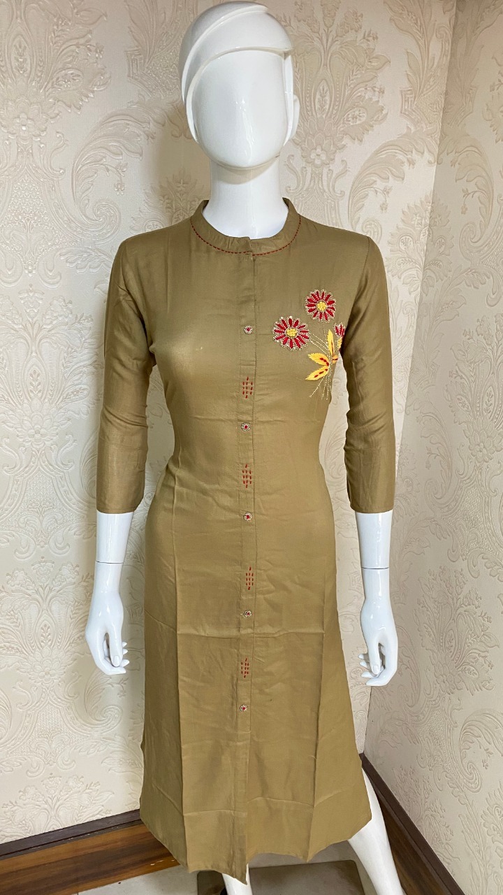 Handwork Kurtis - Rayon Fabric Sizes M(38) L(40) Xl(42) Xxl(44) 46 Inch Length Chinese Neckline 3-4th Sleeve Style | Breathable Non Toxic Washable Ethnic Design