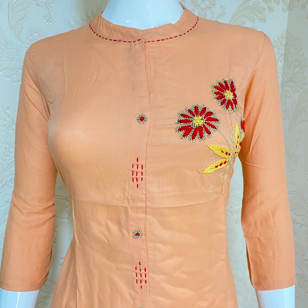 Handwork Kurtis - Rayon Fabric Sizes M(38) L(40) Xl(42) Xxl(44) 46 Inch Length Chinese Neckline 3-4th Sleeve Style | Breathable Non Toxic Washable Ethnic Design