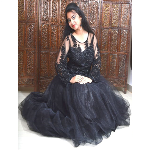 Ladies Designer Gown - Lace Embroidered Black Ensemble | All Season, Full Sleeves, Quick Dry, Washable, No Fade, Dry Clean Only