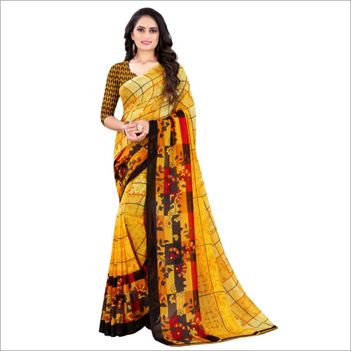 Daily Wear Poly Yellow Georgette Saree - Poly Georgette, Ethnic Wear, Ideal For Rainy, Spring, Summer, Winter Seasons | Elegant And Versatile Design