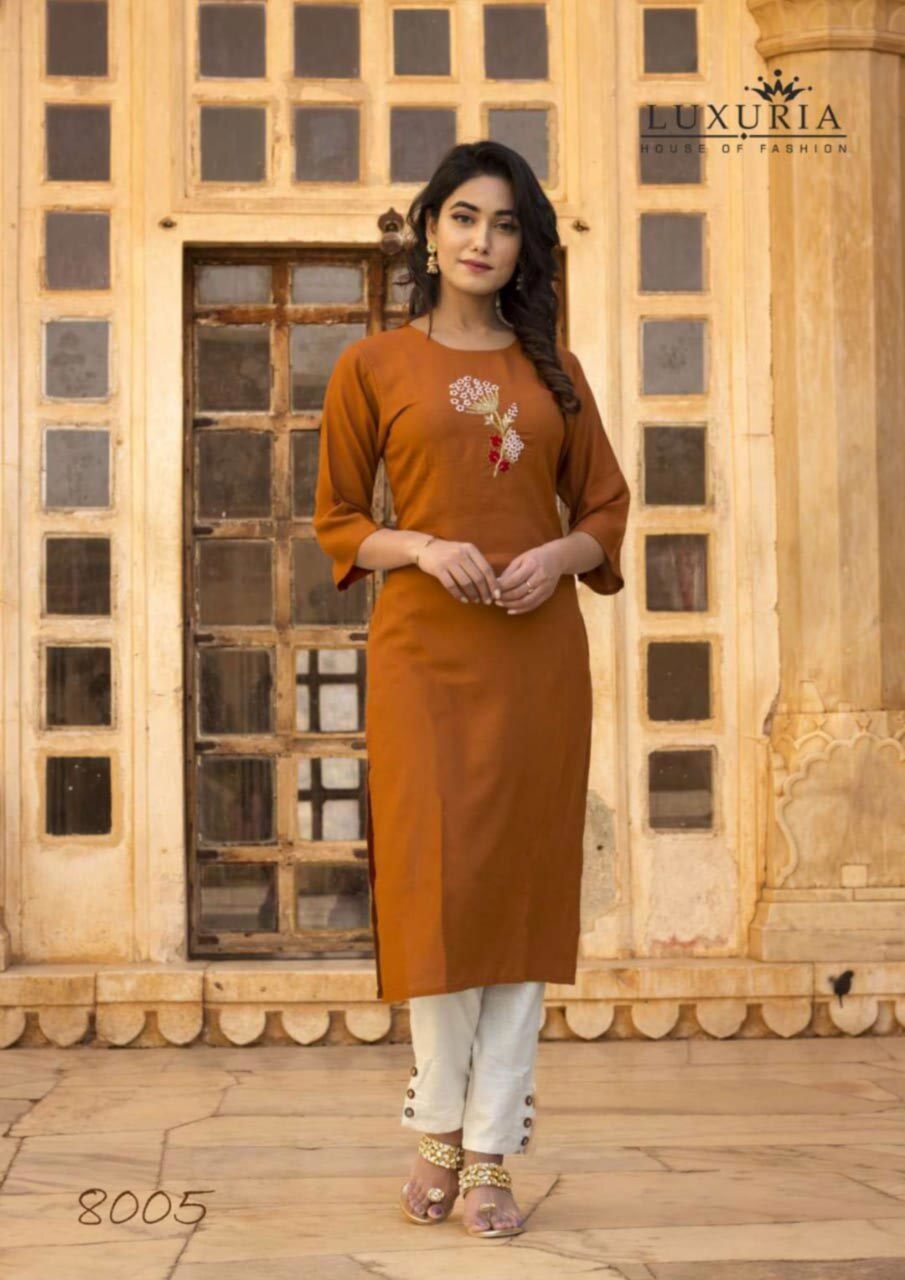 Quick Dry Premium Rayon Slub Hand Work Kurtis With Soft Cotton Flex Pants
