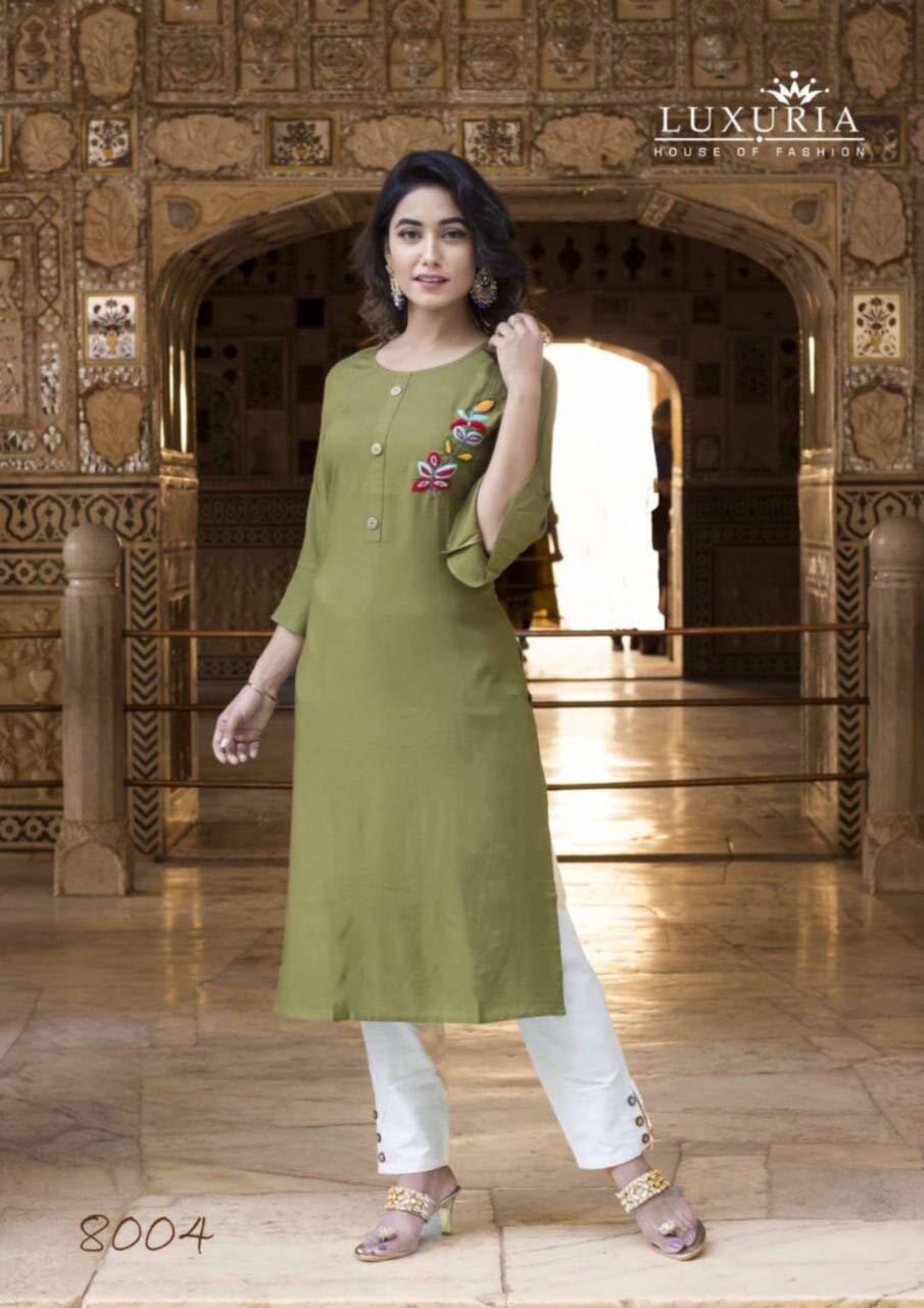 Quick Dry Premium Rayon Slub Hand Work Kurtis With Soft Cotton Flex Pants