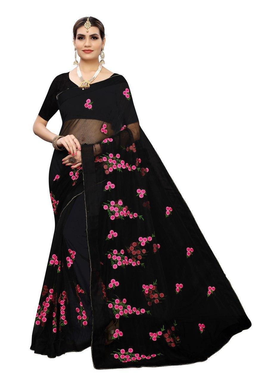 Designer Saree - Net Fabric With Floral Embroidery | Multicolor, Resam Work For All Seasons