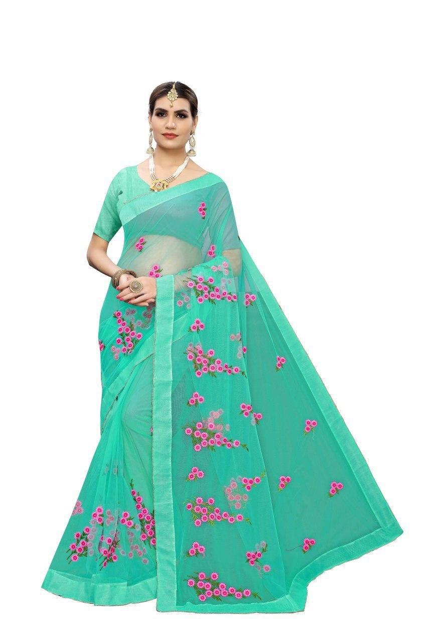 Designer Saree - Net Fabric With Floral Embroidery | Multicolor, Resam Work For All Seasons