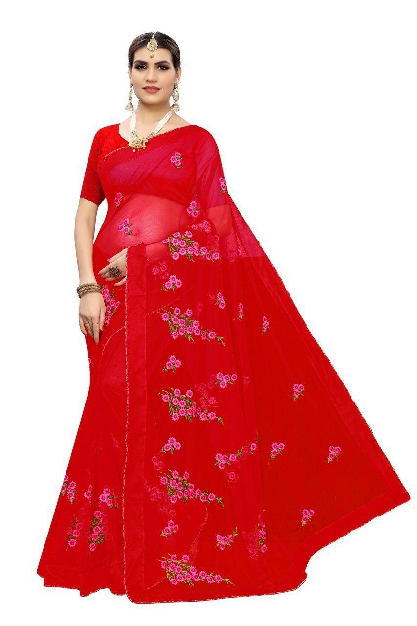 Designer Saree - Net Fabric With Floral Embroidery | Multicolor, Resam Work For All Seasons