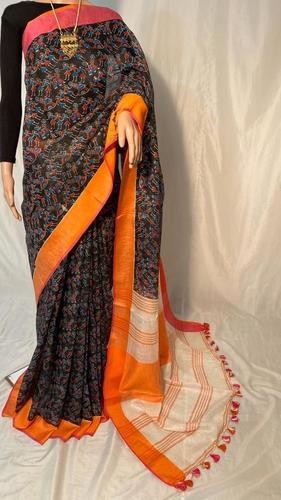 Woven Pure Linen By Linen 120 Count Madhubani Printed Saree