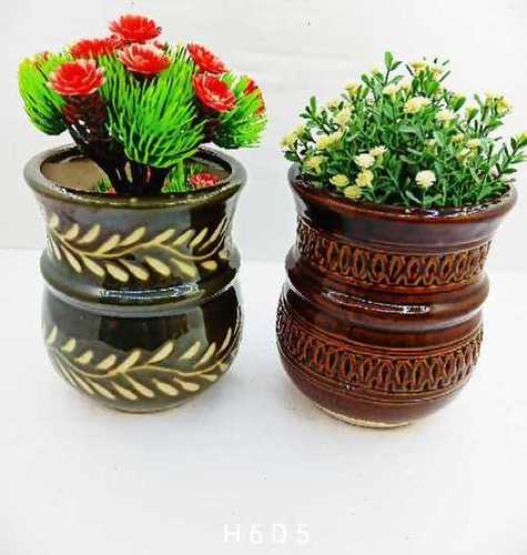 Designer Flower Pot - Ceramic, 6 Inches Diameter , Round Shape in Glossy Brown Finish with Drainage Holes