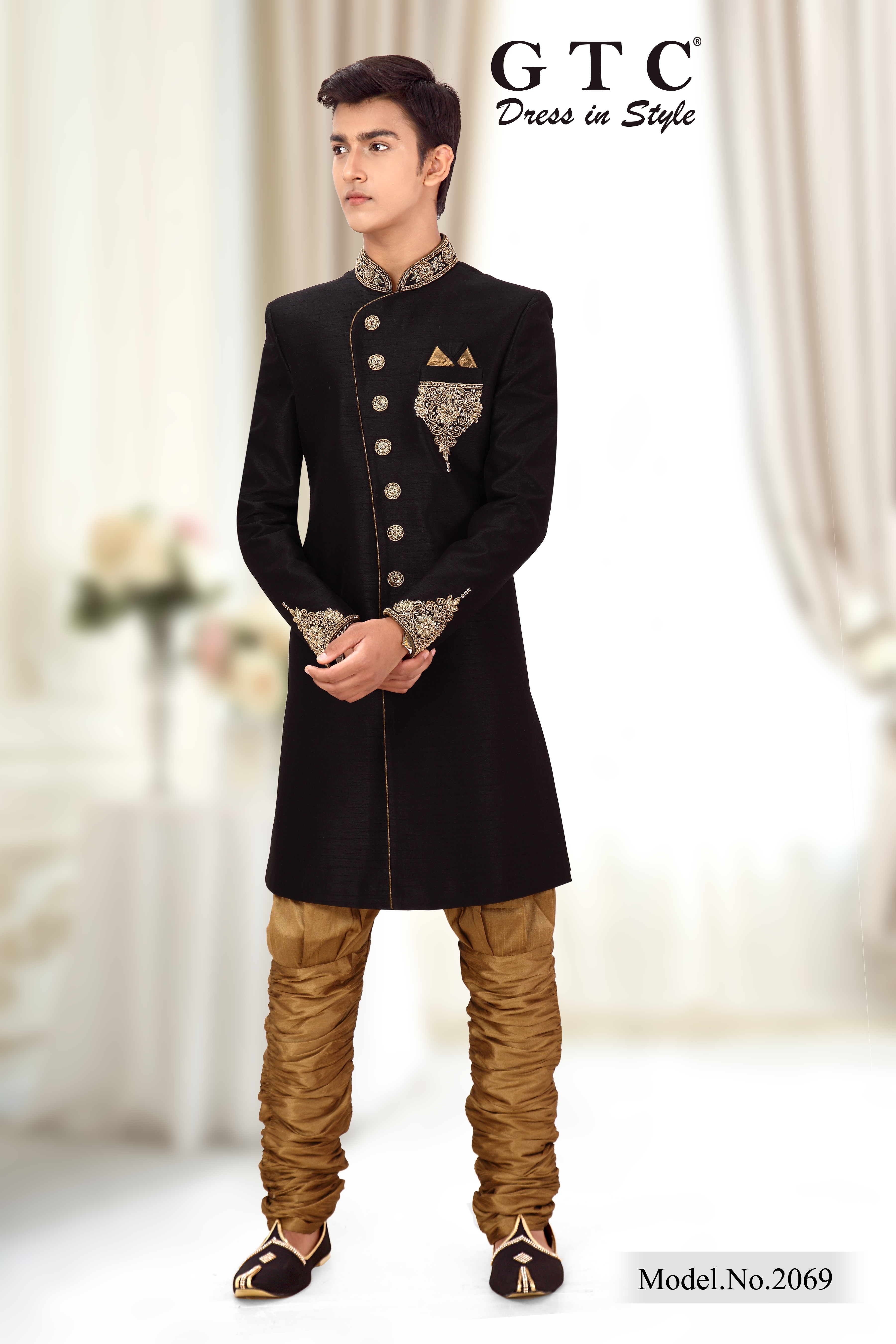 Sherwani - Dupion Silk With Hand-beaded Design, Classic Indo-western Attire For Men With Brijis & Mojri Shoes
