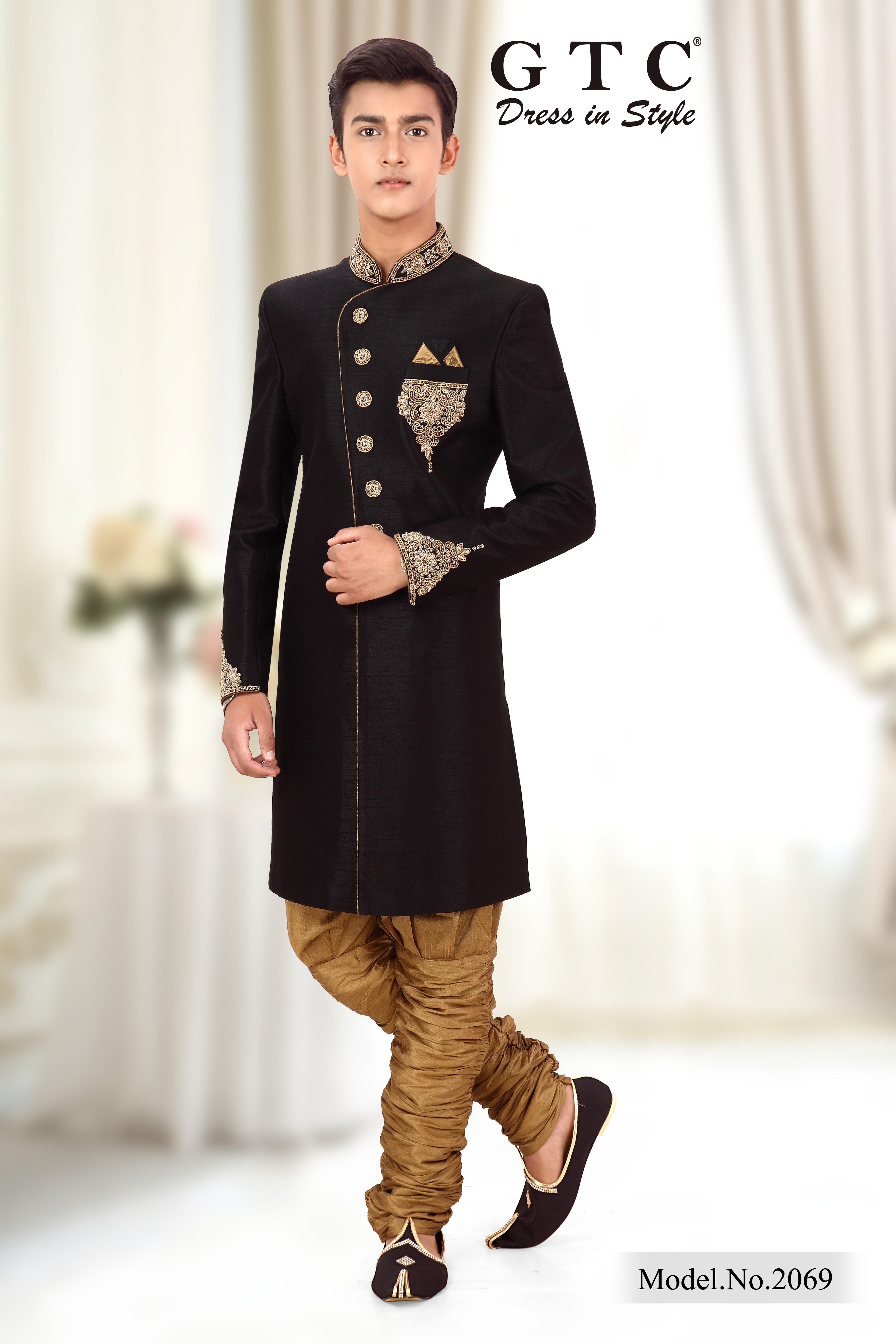 Sherwani - Dupion Silk With Hand-beaded Design, Classic Indo-western Attire For Men With Brijis & Mojri Shoes