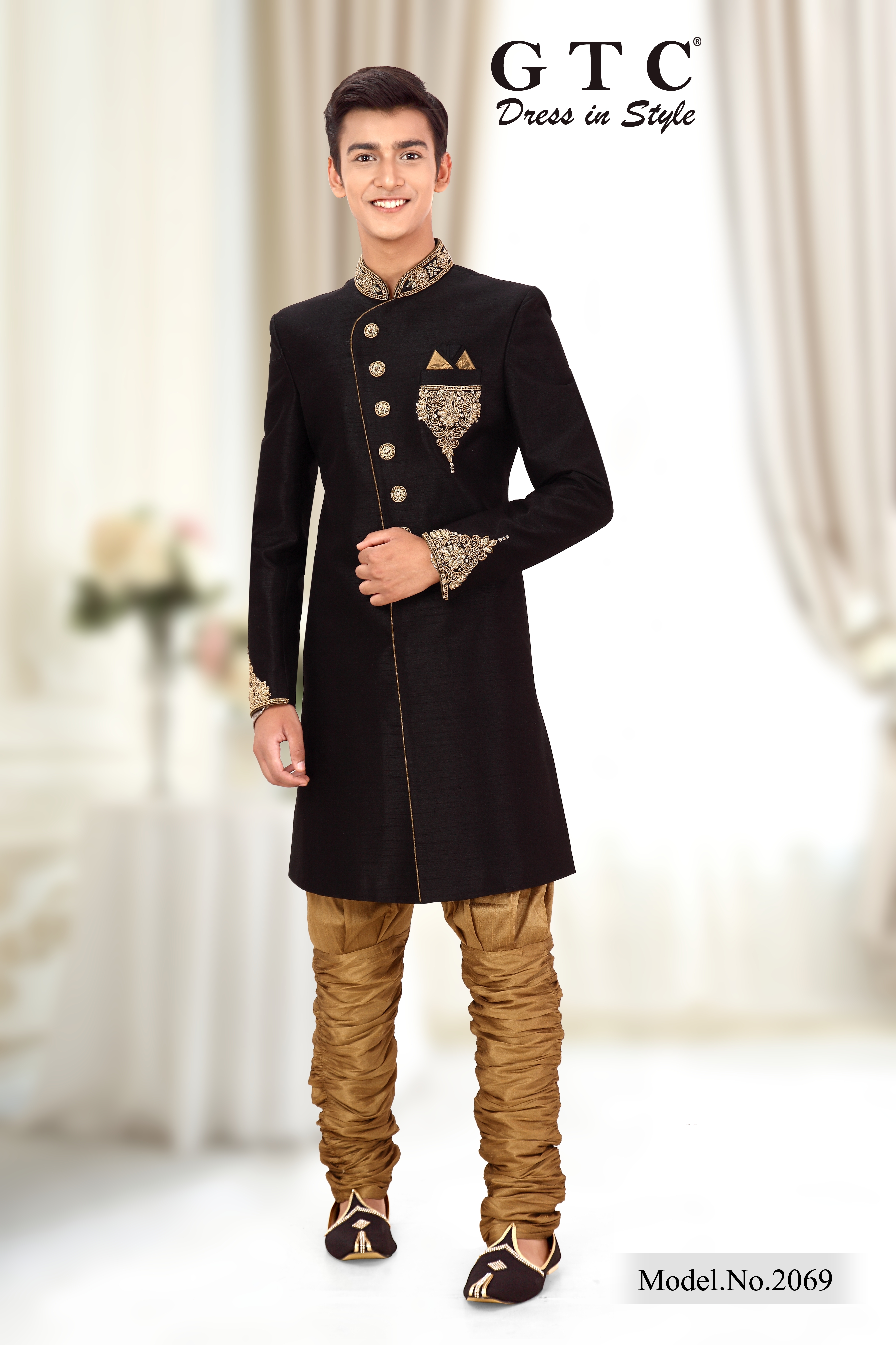 Sherwani - Dupion Silk With Hand-beaded Design, Classic Indo-western Attire For Men With Brijis & Mojri Shoes