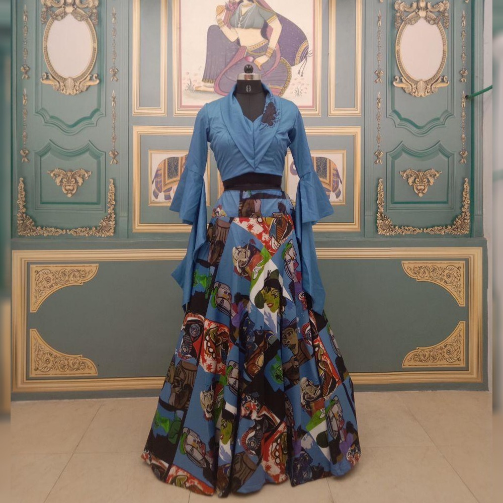 Semi-stitched Gray Blue Printed Lehenga Choli - Twill Fabric 4 Mtr Flair Full Sleeves Blouse