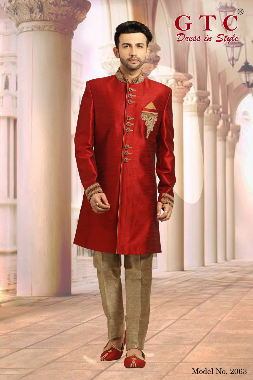 Classic Sherwani - Dupion Silk Red, Customized Size & Long Sleeve Design | Hand-beaded Embellishments, Self-matching Gold Hand-stone Work, Churidar Pants & Mojri Set