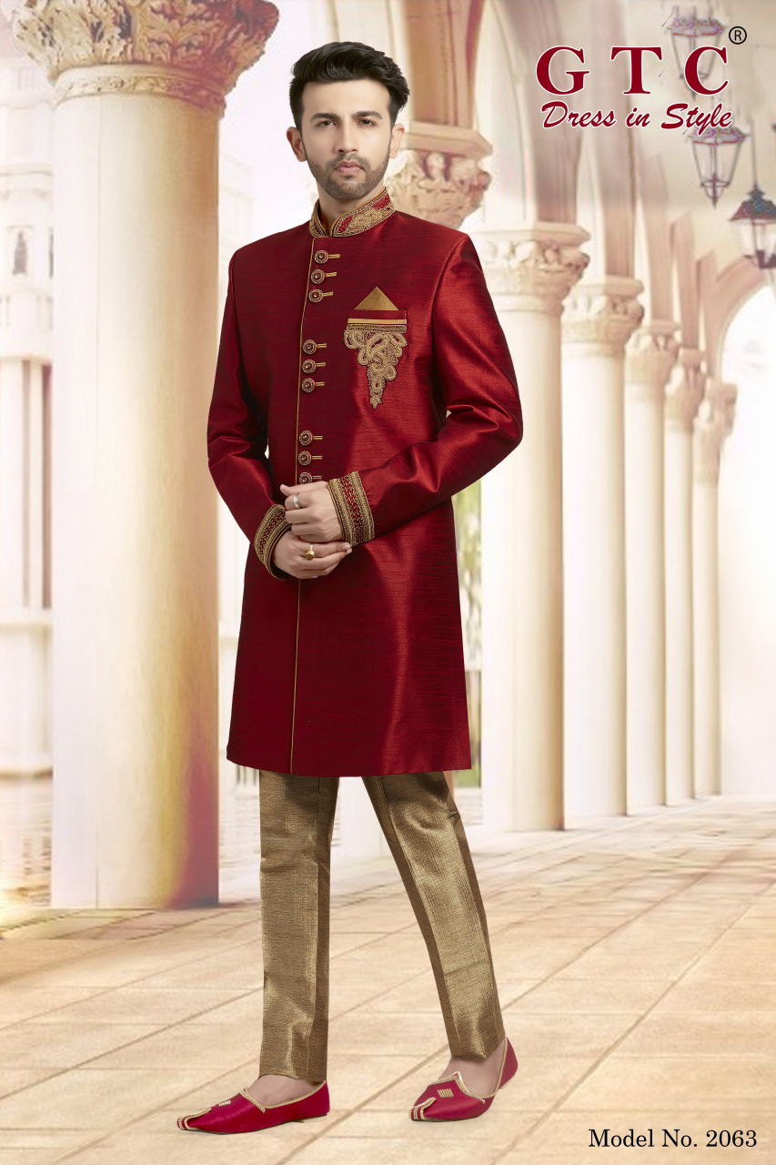 Classic Sherwani - Dupion Silk Red, Customized Size & Long Sleeve Design | Hand-beaded Embellishments, Self-matching Gold Hand-stone Work, Churidar Pants & Mojri Set