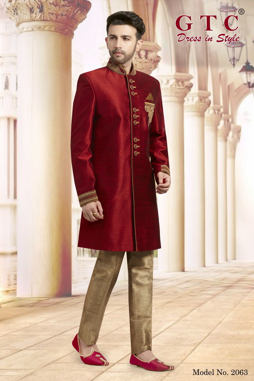 Classic Sherwani - Dupion Silk Red, Customized Size & Long Sleeve Design | Hand-beaded Embellishments, Self-matching Gold Hand-stone Work, Churidar Pants & Mojri Set