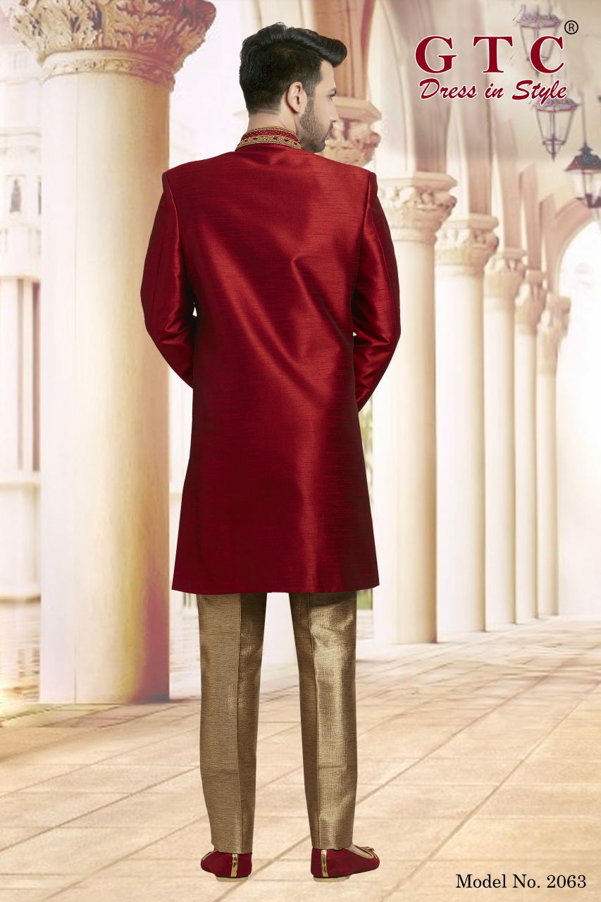 Classic Sherwani - Dupion Silk Red, Customized Size & Long Sleeve Design | Hand-beaded Embellishments, Self-matching Gold Hand-stone Work, Churidar Pants & Mojri Set