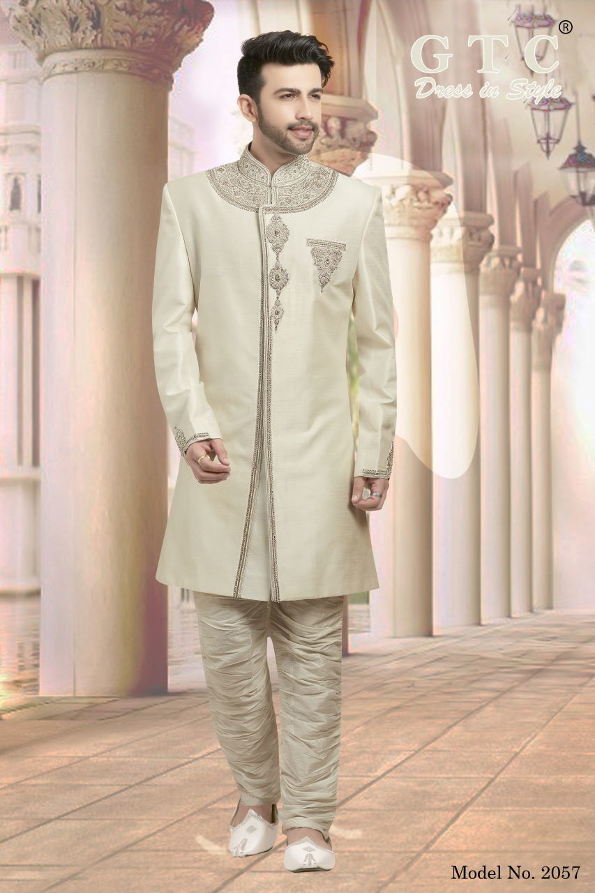 Classic Indo Sherwani - Banarsi Dupion Silk Off White | Hand-embroidered Mandarina Collar Full Sleeve Design Customized Size For Men