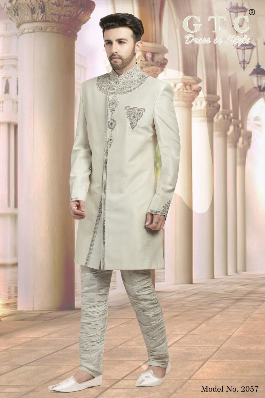 Classic Indo Sherwani - Banarsi Dupion Silk Off White | Hand-embroidered Mandarina Collar Full Sleeve Design Customized Size For Men