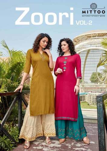 Rayon Kurti With Sharara - Heavy Rayon with Liva Tag, M(38) to 3XL(46) Sizes | Embroidered, Handwork, Cool Dry, Quick Dry, Washable, 3-4th Sleeve Style, Casual to Formal Wear
