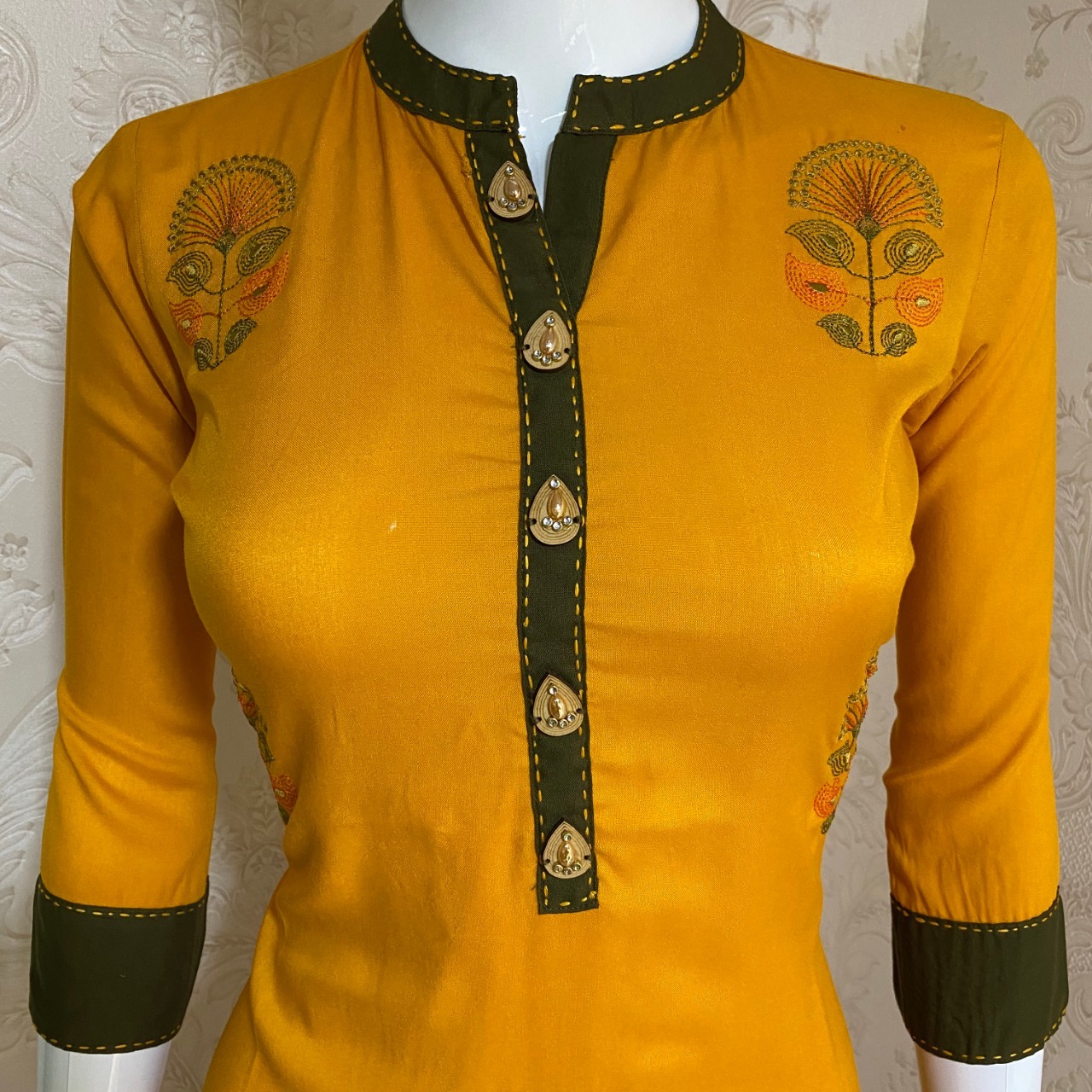 Embroidered Kurti - Rayon, Full Stitched, Length 45 Inch, Sizes S-3xl, Mahendi Green & Mustard Yellow | Anti Wrinkle, Quick Dry, 3-4th Sleeve, A-line Style