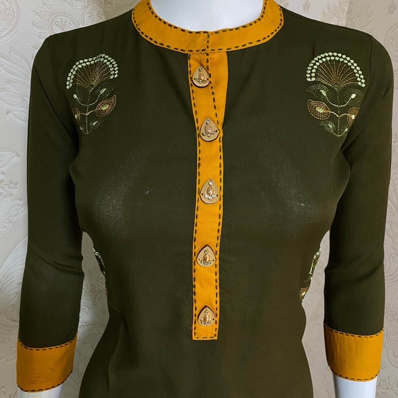 Embroidered Kurti - Rayon, Full Stitched, Length 45 Inch, Sizes S-3xl, Mahendi Green & Mustard Yellow | Anti Wrinkle, Quick Dry, 3-4th Sleeve, A-line Style