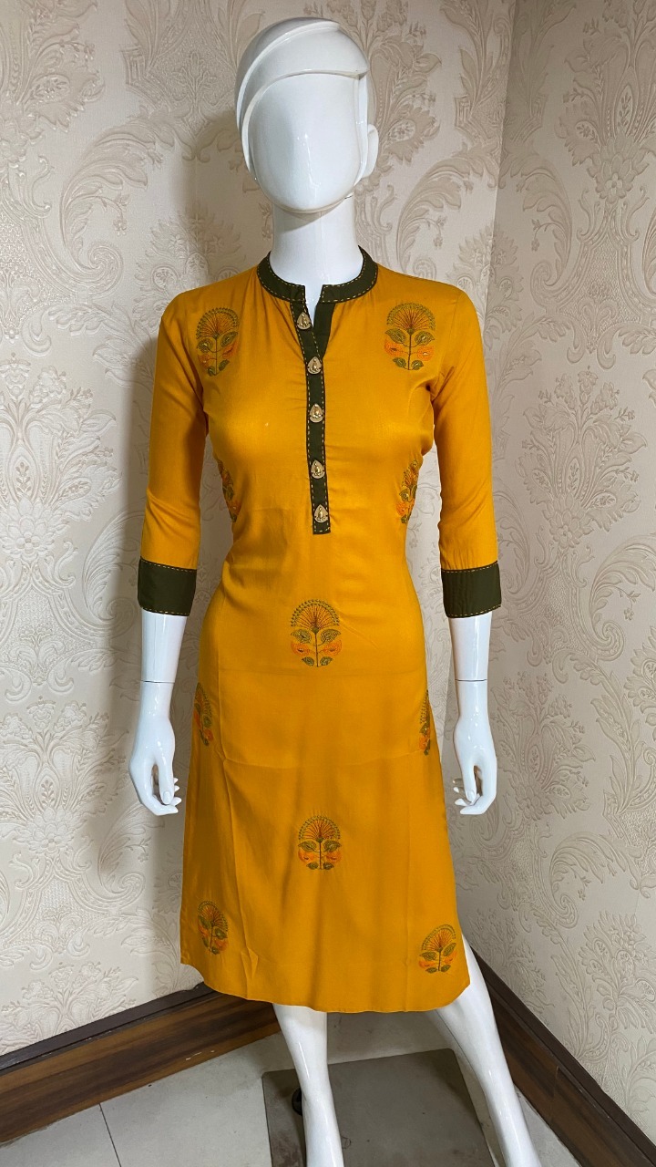Embroidered Kurti - Rayon, Full Stitched, Length 45 Inch, Sizes S-3xl, Mahendi Green & Mustard Yellow | Anti Wrinkle, Quick Dry, 3-4th Sleeve, A-line Style