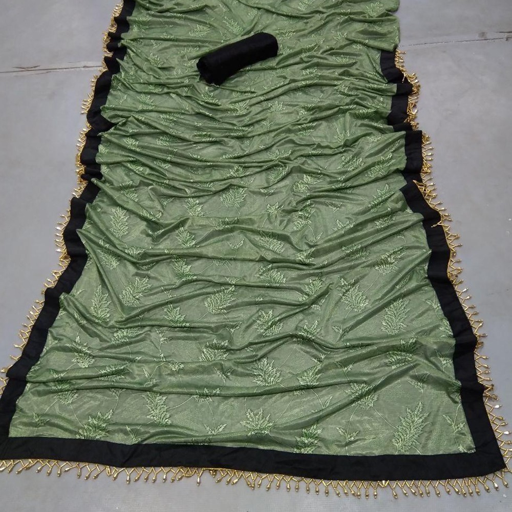 Handwork Sarees - Single Jursy Jacquard, 5.30 Mtr Mahendi Color With Black Satin Silk Blouse, Pipe And Moti Hand Work, Bollywood Style, Stone Work