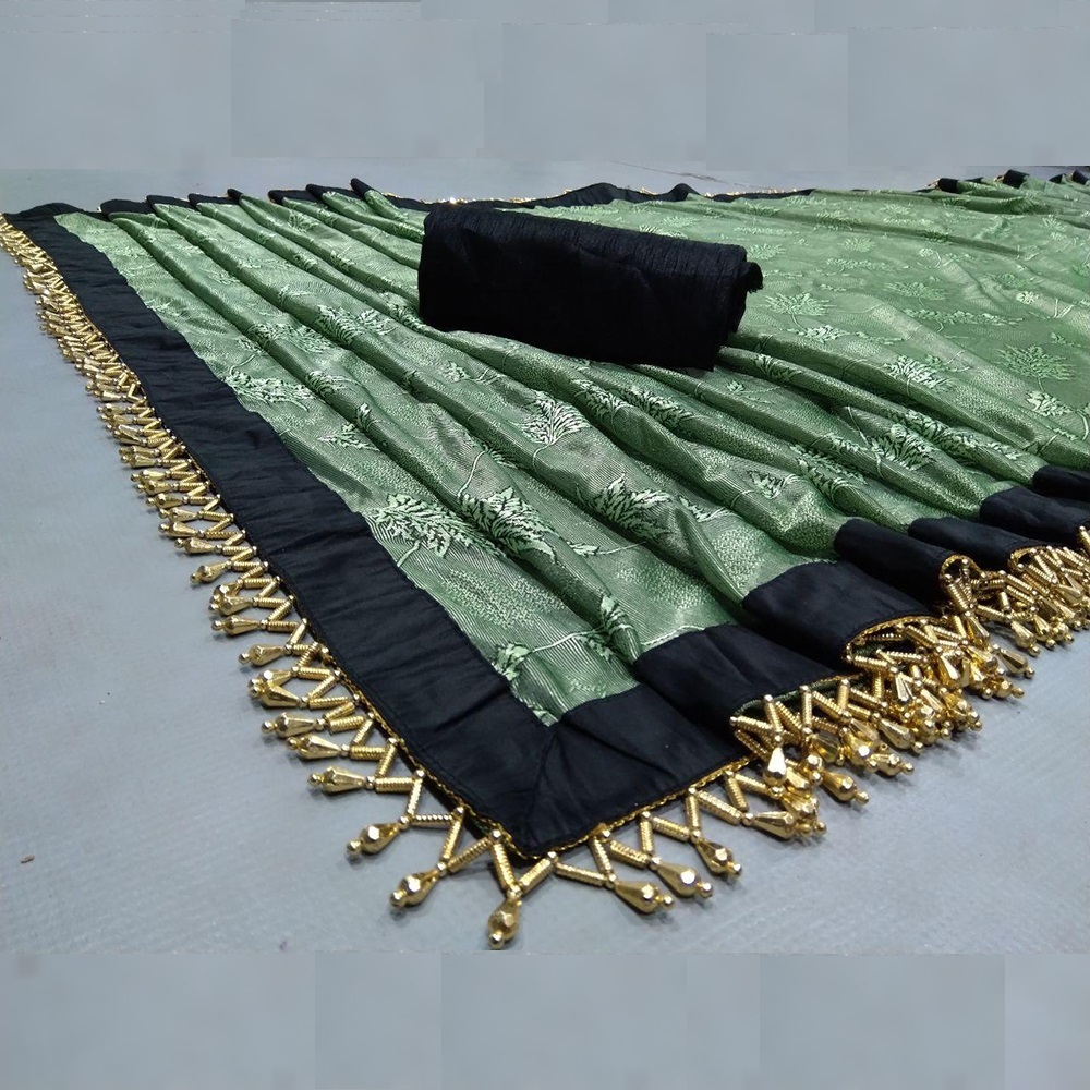 Handwork Sarees - Single Jursy Jacquard, 5.30 Mtr Mahendi Color With Black Satin Silk Blouse, Pipe And Moti Hand Work, Bollywood Style, Stone Work