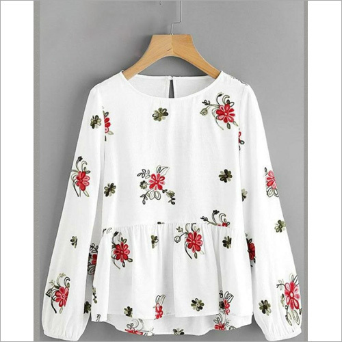 Ladies Fancy Top - Cotton Fabric, Available in Various Sizes | Summer-Ready White Printed Design with Elegant Floral Pattern