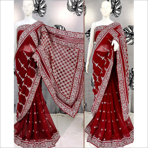 Embroidery Printed Red Saree - Georgette, Lightweight, Colorfast, Shrink & Wrinkle Resistant | Embroidered, Ideal For Parties & Celebrations