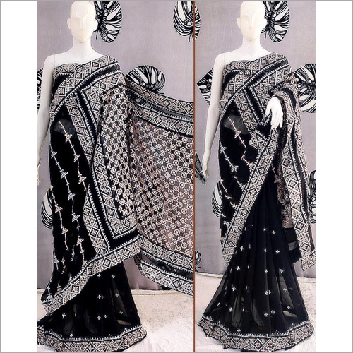 Embroidery Printed Red Saree - Georgette, Lightweight, Colorfast, Shrink & Wrinkle Resistant | Embroidered, Ideal For Parties & Celebrations