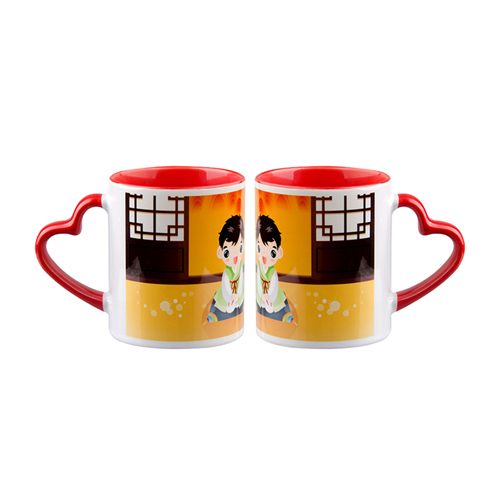 Sublimation Mug (Mug Heart Handle) - Ceramic Material, 11 Oz Size, Heart Handle Design, Colors: Blue, Green, Orange, Pink, Red, Yellow | Smooth Surface Finish, Heat Resistant