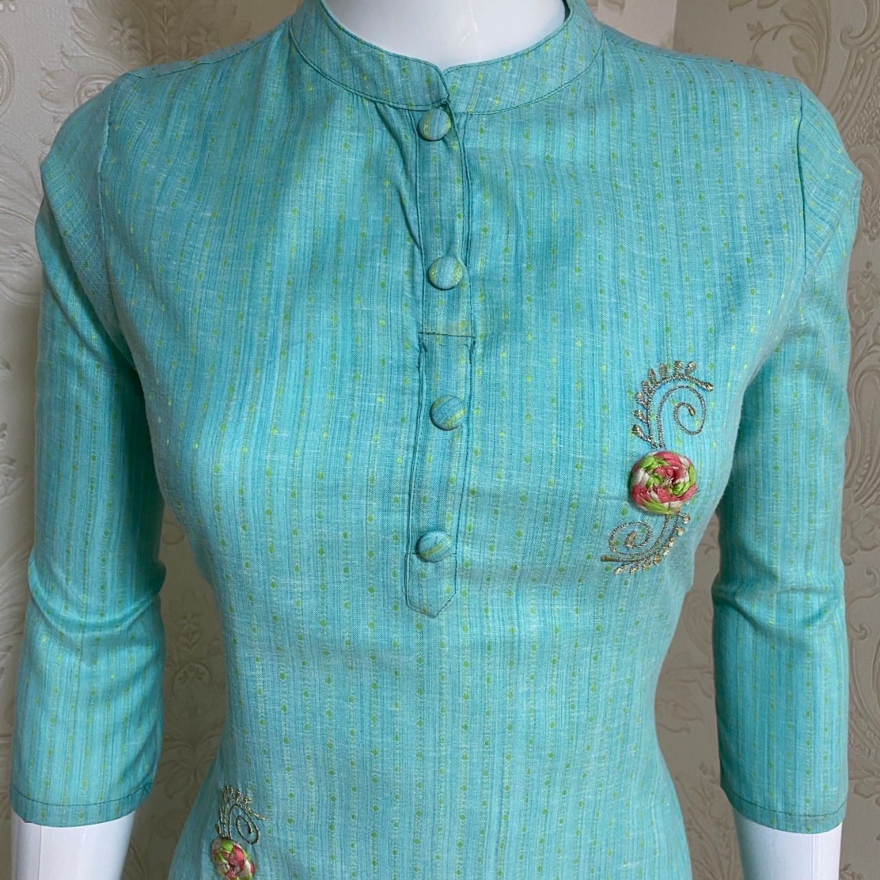 Embroidered Kurti - Cotton, Size: S(36) To 3xl(46), Color: Sky Blue, Length: 45 Inch, Sleeve Style: 3-4th | Features: Anti-wrinkle, Quick Dry, Washable, A-line Style
