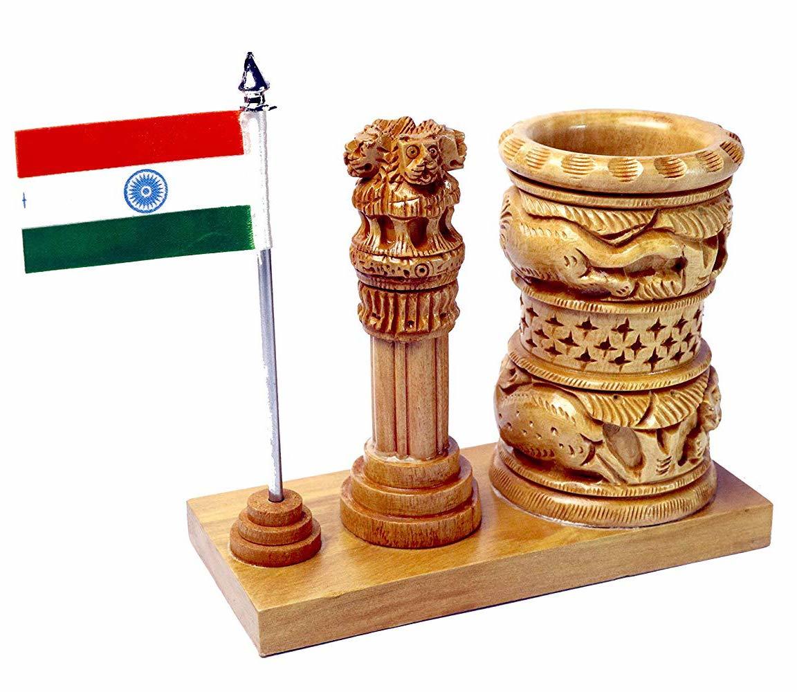 Wooden Pen Stand Ashoka And Flag - Handmade White Wood, 4x2.5x5.5 Inches, Brown | Easy To Clean, Polished Finish, Religious Design