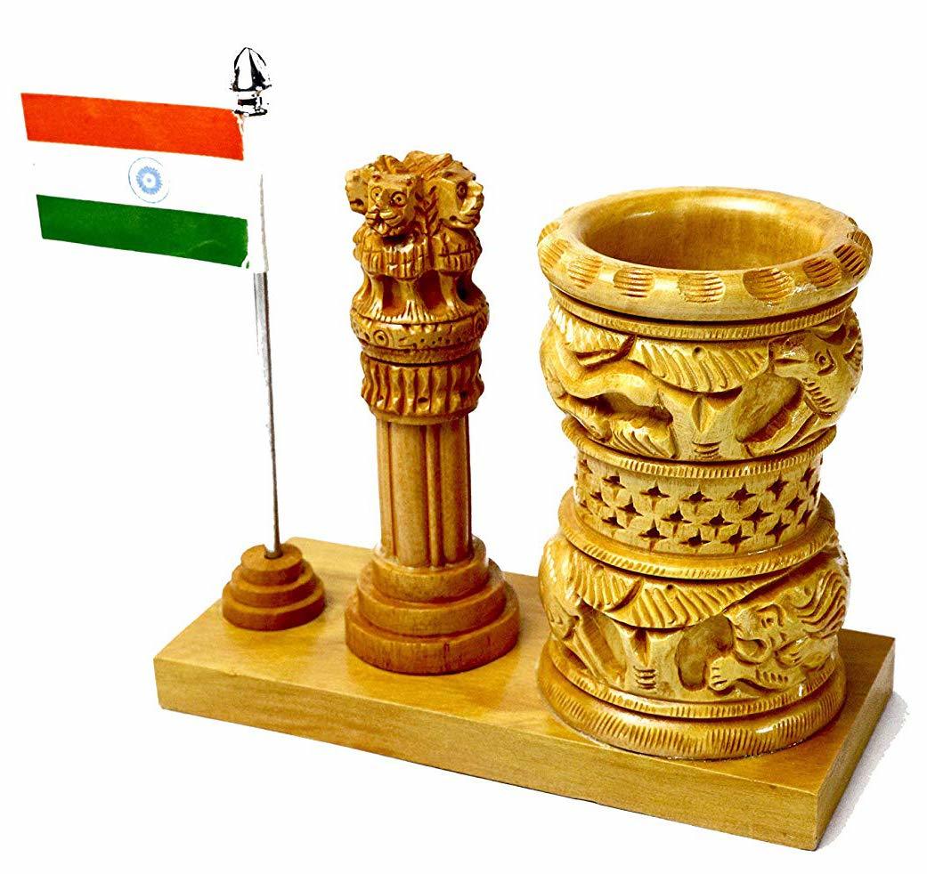 Wooden Pen Stand Ashoka And Flag - Handmade White Wood, 4x2.5x5.5 Inches, Brown | Easy To Clean, Polished Finish, Religious Design