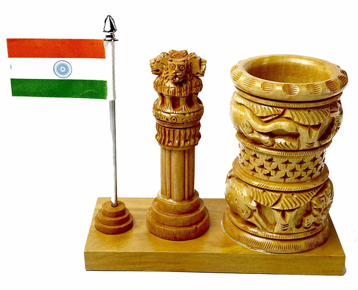 Wooden Pen Stand Ashoka And Flag - Handmade White Wood, 4x2.5x5.5 Inches, Brown | Easy To Clean, Polished Finish, Religious Design