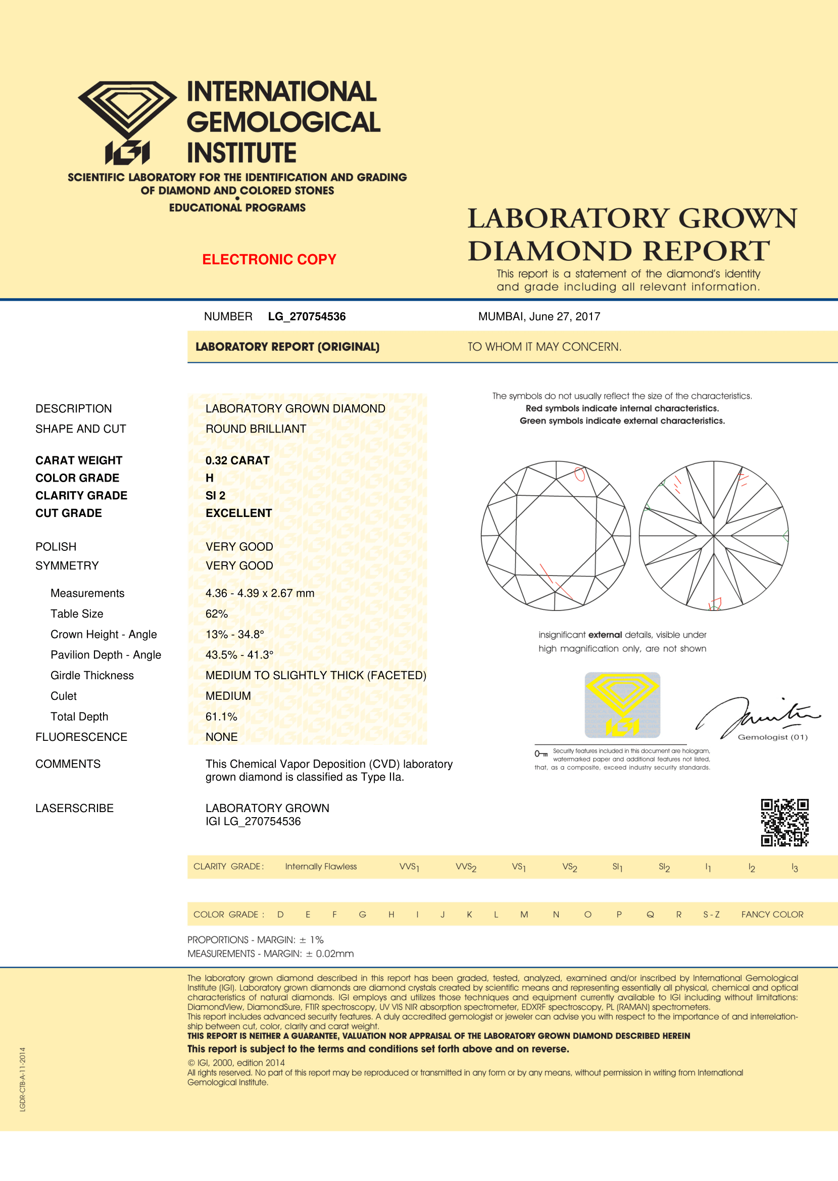 Cvd Diamond 0.32ct H Si2 Round Brilliant Cut Igi Certified Stone Very Good
