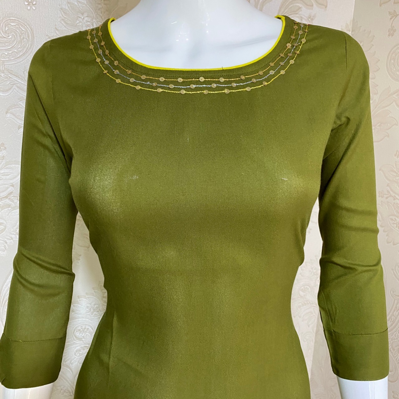 Embroidered Kurtis - Rayon Fabric, Full Stitched Readymade, Sizes S-3xl, Length 44", Colors: Mahendi Green & Light Pista | Anti-wrinkle, Quick Dry, 3-4th Sleeve