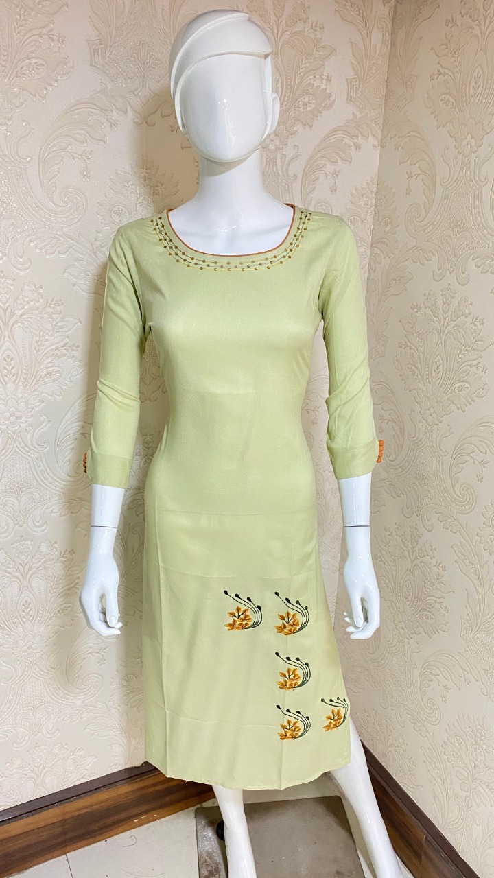 Embroidered Kurtis - Rayon Fabric, Full Stitched Readymade, Sizes S-3xl, Length 44", Colors: Mahendi Green & Light Pista | Anti-wrinkle, Quick Dry, 3-4th Sleeve
