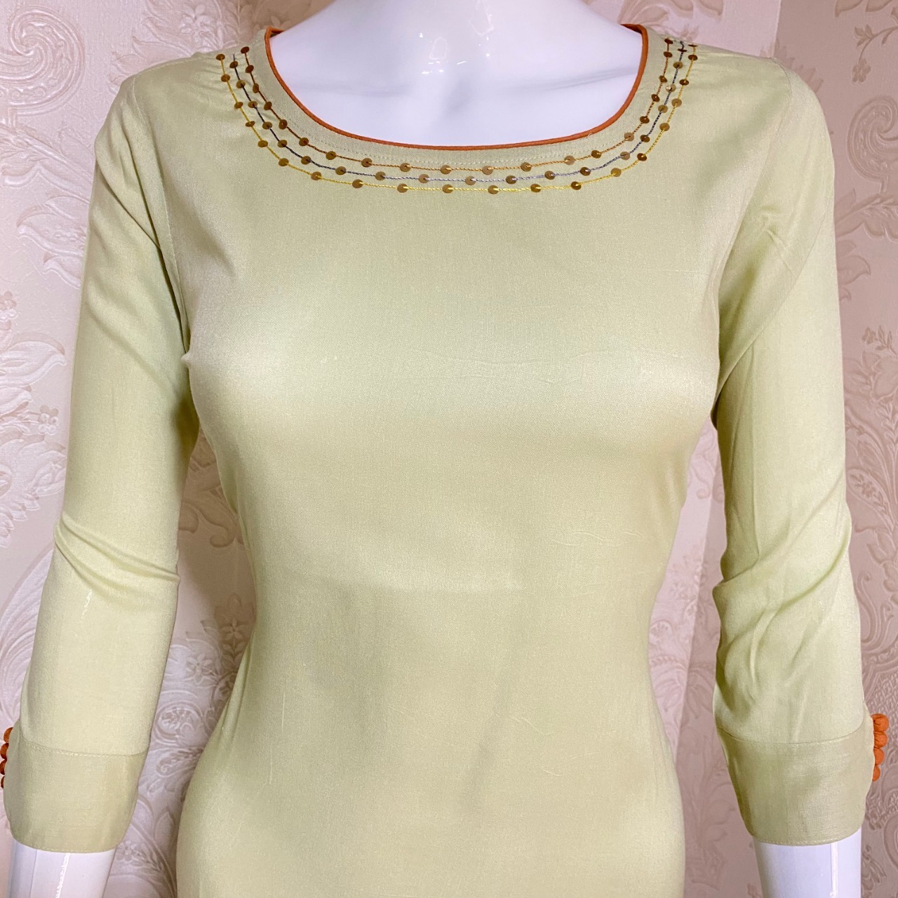 Embroidered Kurtis - Rayon Fabric, Full Stitched Readymade, Sizes S-3xl, Length 44", Colors: Mahendi Green & Light Pista | Anti-wrinkle, Quick Dry, 3-4th Sleeve
