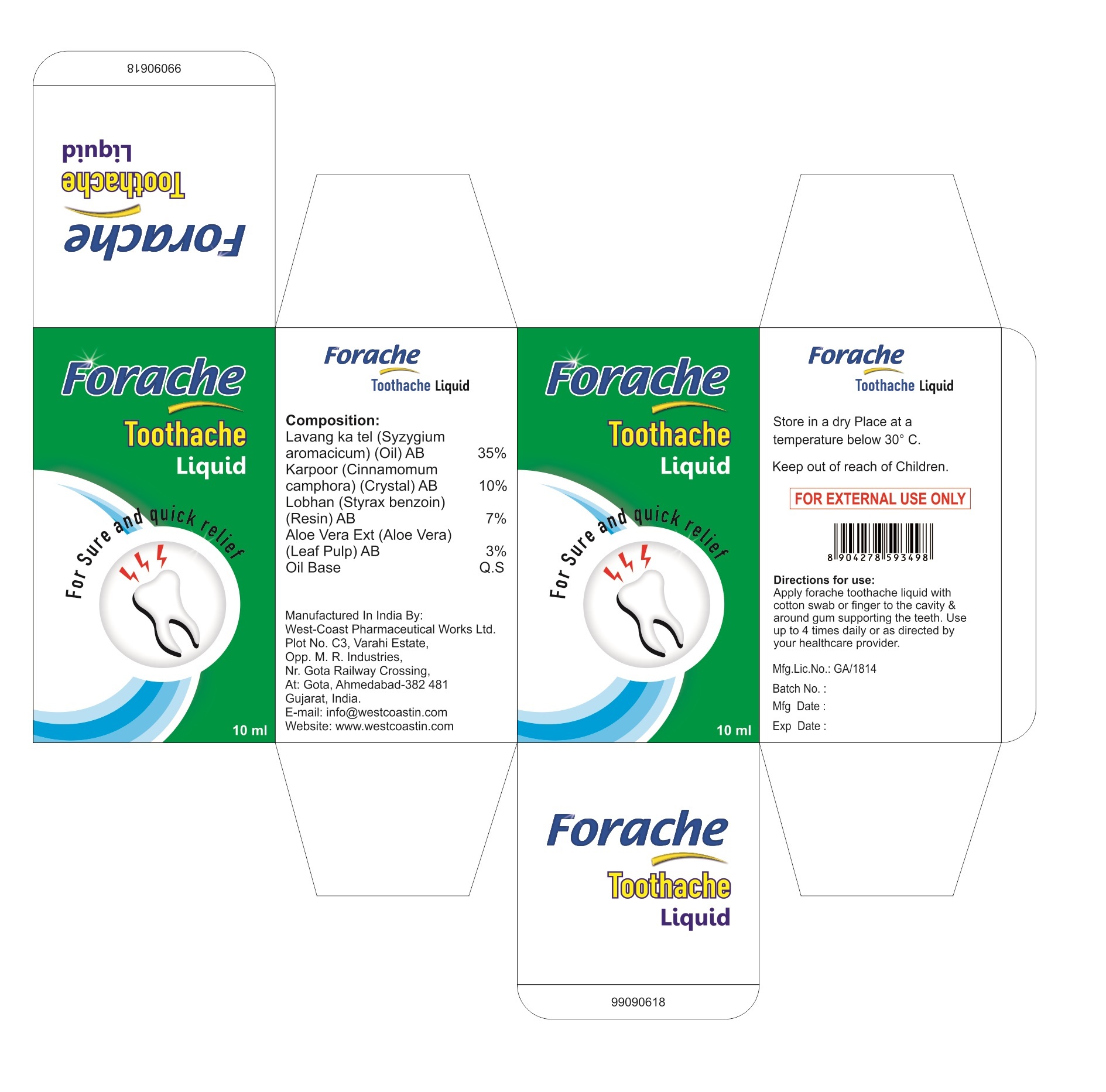 Forache Toothache Liquid - Herbal Oil Formula For Quick Relief | Contains Lavang Ka Tel, Karpoor, Lobhan, Aloe Vera, Use Up To 4 Times Daily
