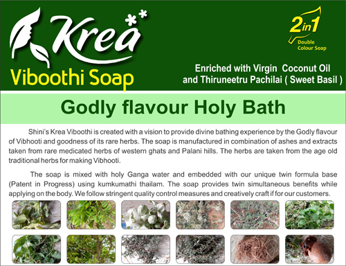 Krea Viboothi Divine Soap - 100gm , 15 Divine Herbs With Virgin Coconut Oil, Anti-aging, Acne Treatment, Skin Complexion Enhancer