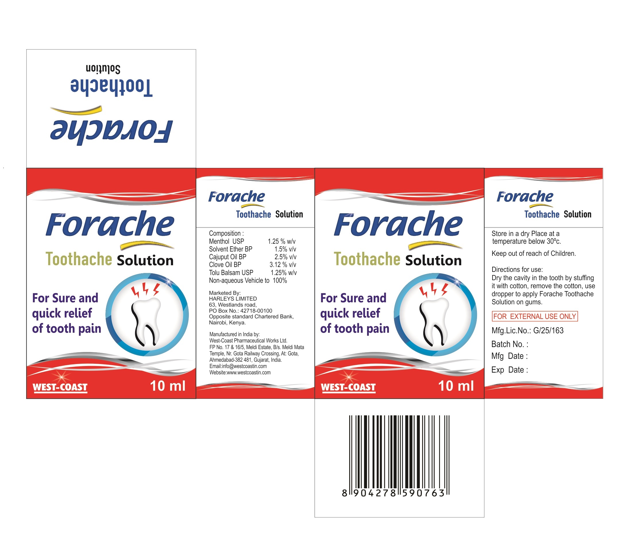 Forache Toothache Solution - Menthol Usp 1.25%, Clove Oil Bp 3.12%, Cajuput Oil Bp 2.5% | Quick Relief For Tooth Pain, Non-aqueous Vehicle