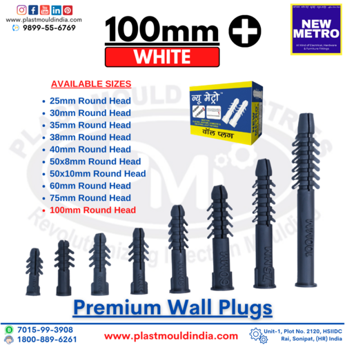 100 mm Wall Plugs - High Density Polyethylene, 100 mm Length, White and Grey Colors | Soft Material for Enhanced Expansion in Porous Surfaces