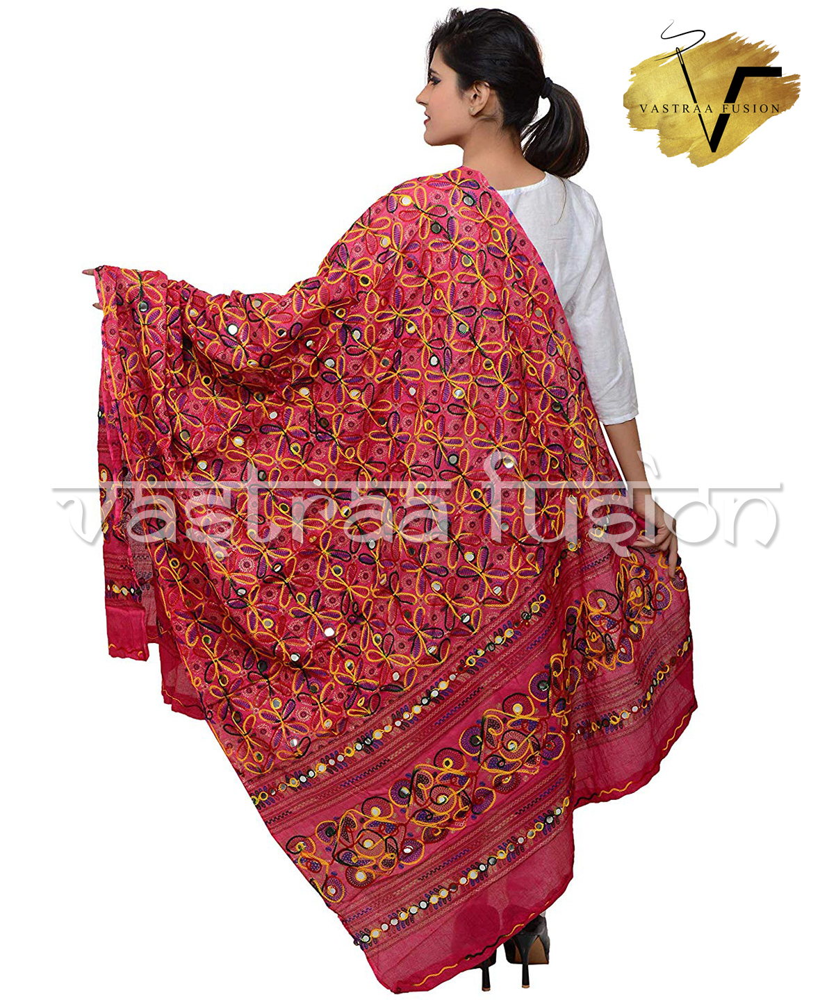 Ladies Flower Work Aari Dupatta - Cotton Blended Jute, 36-50 Inches Regular Fit, Available In 25 Colors, Hand Embroidered With Taping Border