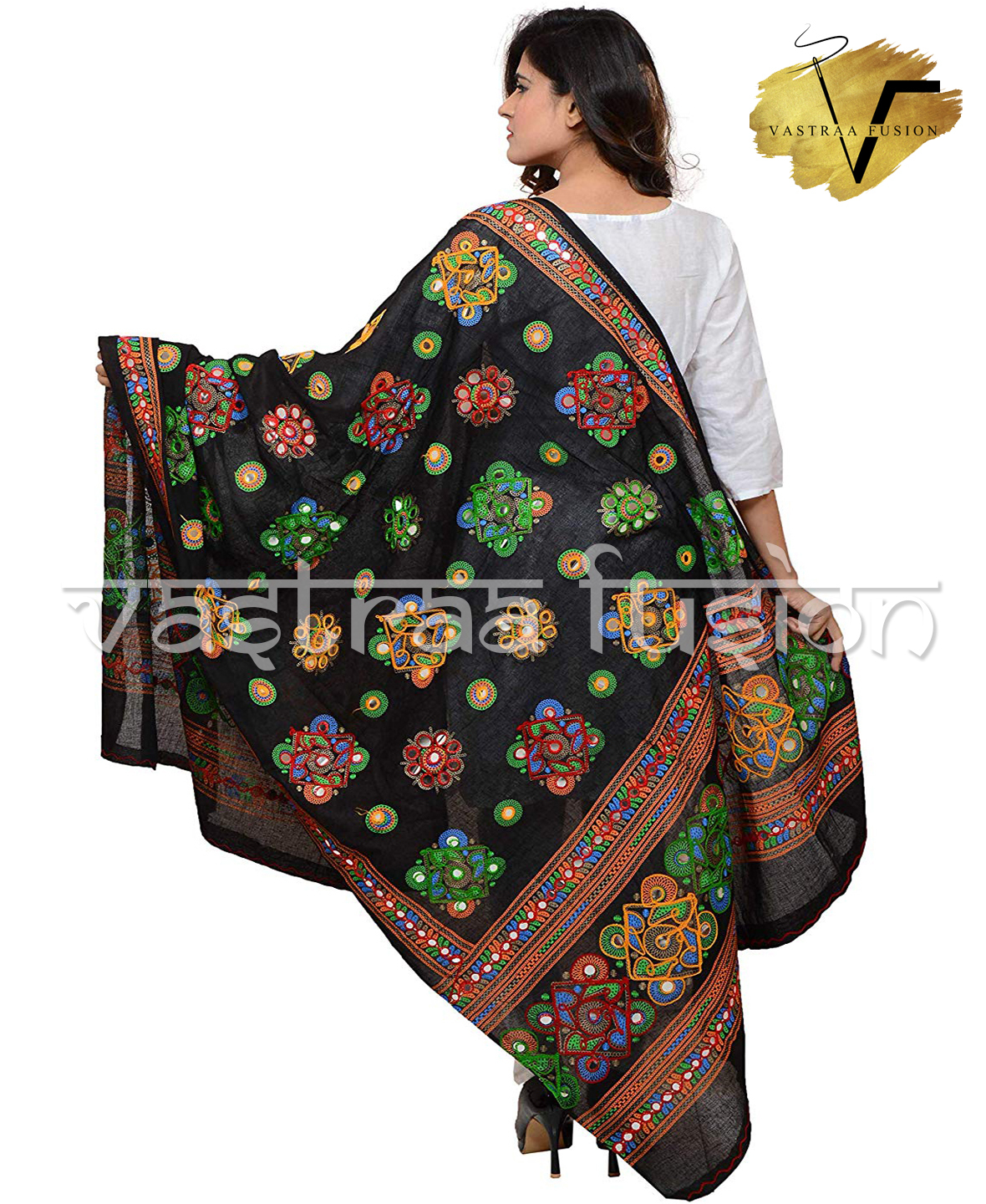 Ladies Cotton Embroidered Chakachak Aari Kutch Dupatta - 2.50 Meter Length, 10 Color Options | Hand Embroidered, Taping Border, Washable For Women