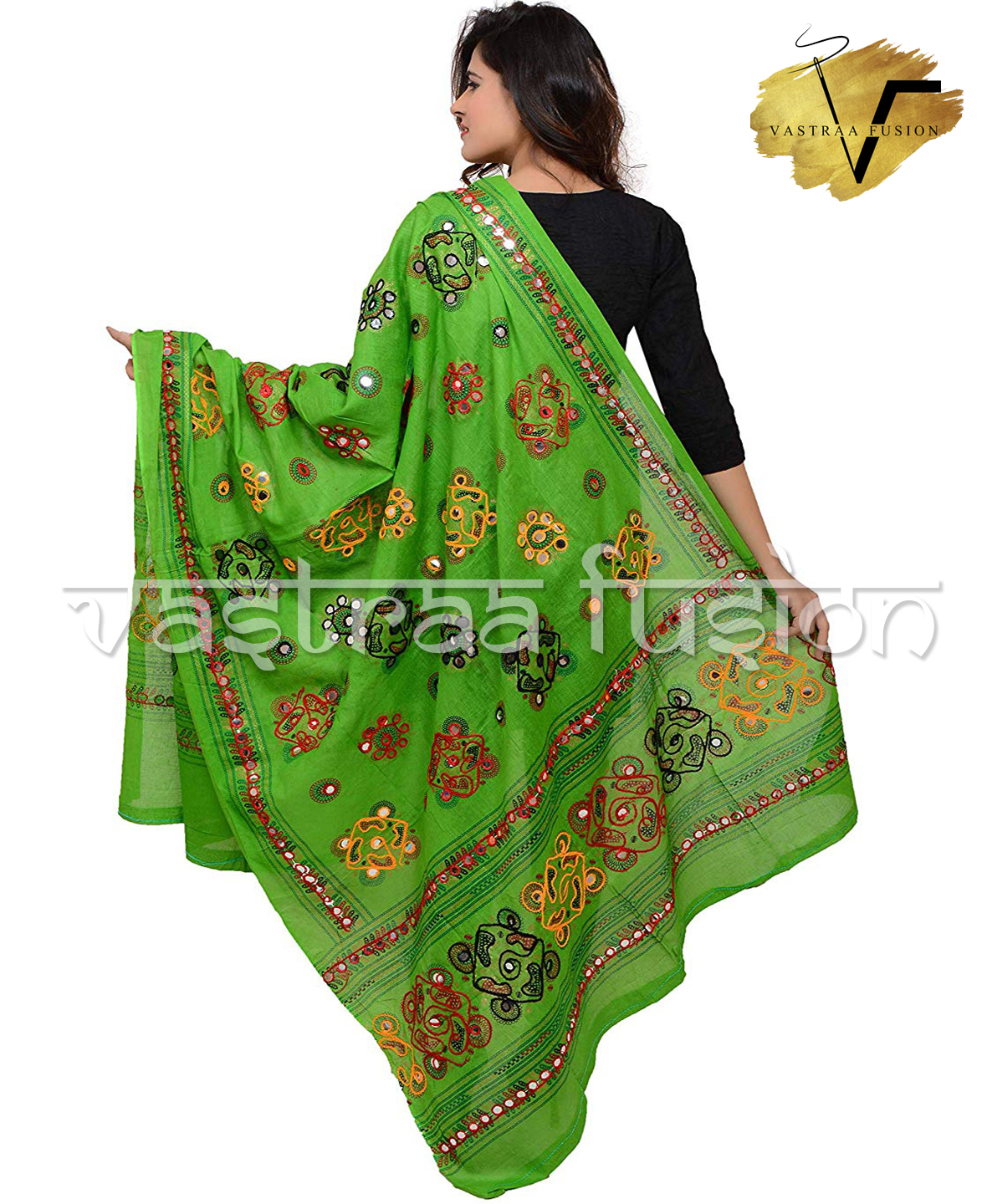 Ladies Cotton Embroidered Chakachak Aari Kutch Dupatta - 2.50 Meter Length, Available In 10 Colors | Hand Embroidered, Washable, Taping Border, Ideal For Casual & Festive Occasions