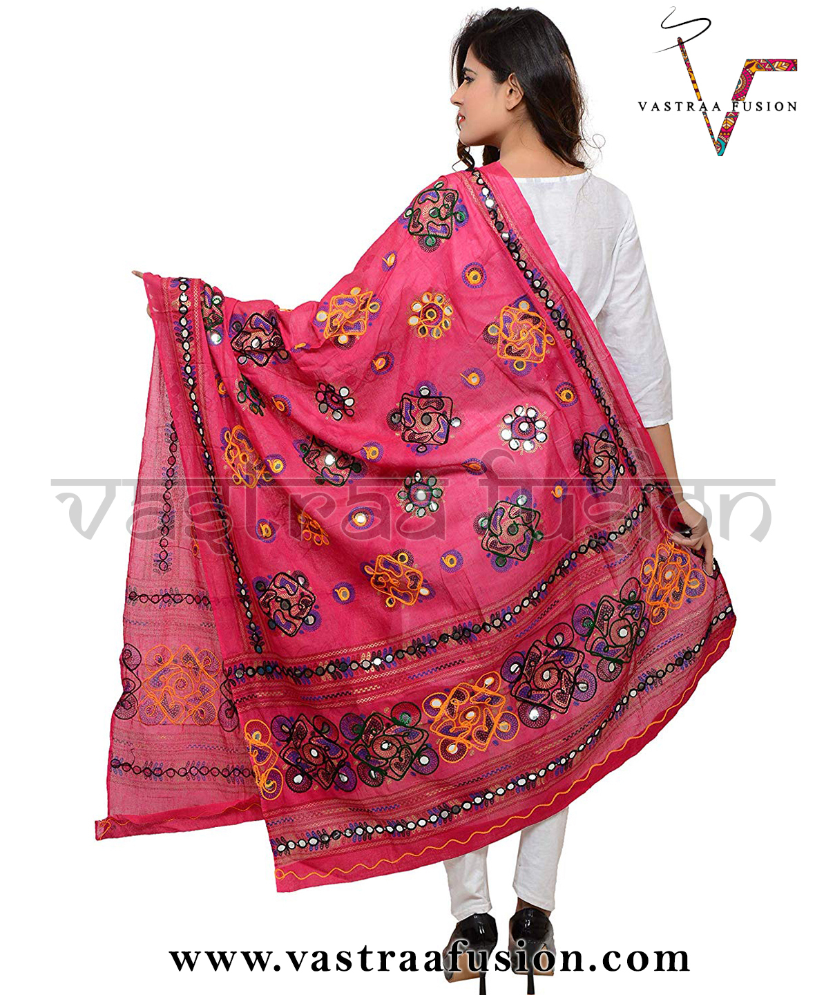 Ladies Cotton Embroidered Chakachak Aari Kutch Dupatta - Cotton Material, 2.50 Meter Length, Available In 10 Colors, Hand Embroidery With Taping Border