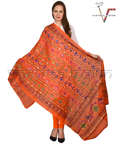 Traditional Aari Work Line Dupatta - 2.50 Meter Length, Multi Color with Hand Embroidered Phulkari Design & Taping Border | Casual & Festive Use