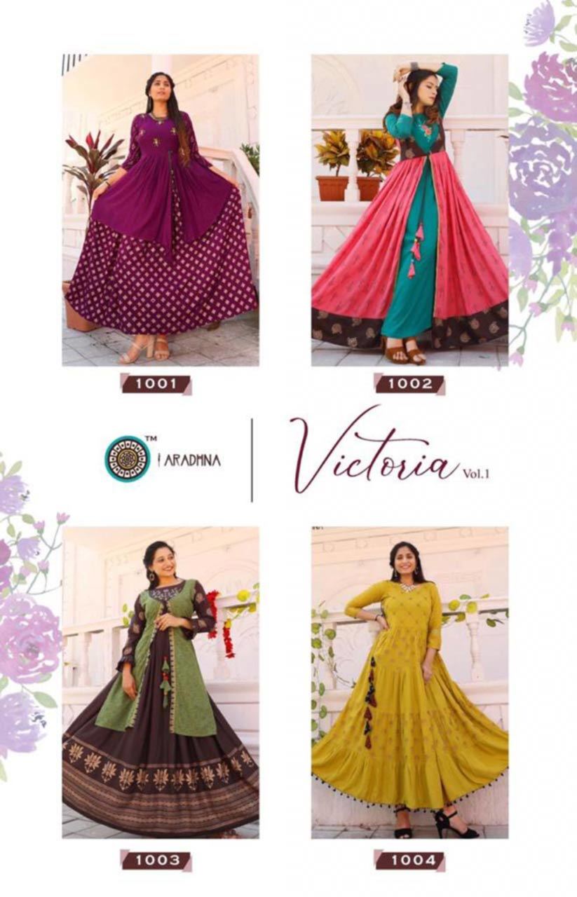 Victoria Vol 1 - Heavy Rayon Print Kurti Catalog, 3-4th Sleeve, Manual Hand Work, Ethnic & Party Wear
